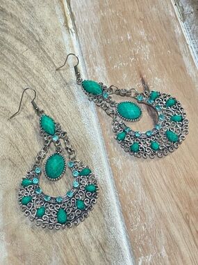 Turquoise Teardrop Filigree Drop Earrings - Unbranded